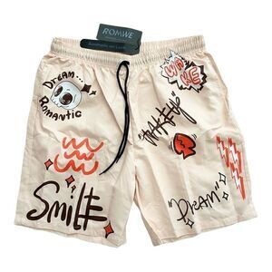 ROMWE Men’s Streetwear Graphic Shorts Cream Graffiti Aesthetic Size M Waist 38